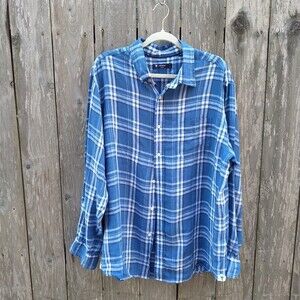 Cremieux men's size XL button down shirt 100% linen blue plaid long sleeve